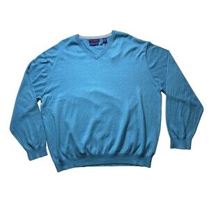 Alan Flusser Sweater Men XXL Blue Cotton Cashmere Silk V-Neck NWT Preppy